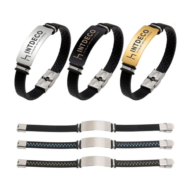 Three engraved leather bracelets in black and gold, featuring metal clasps, with one logo visible.