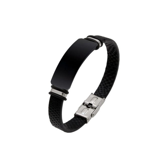 A black engraved leather bracelet with a smooth metallic centre and a textured band. It features a clasp closure.