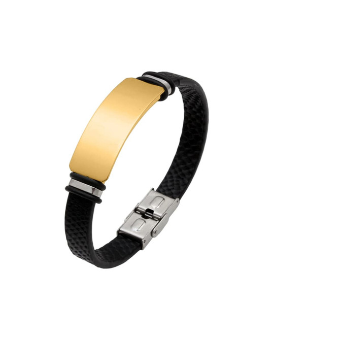 A black leather bracelet with a gold engraved plate and stainless steel clasp, featuring a textured design.