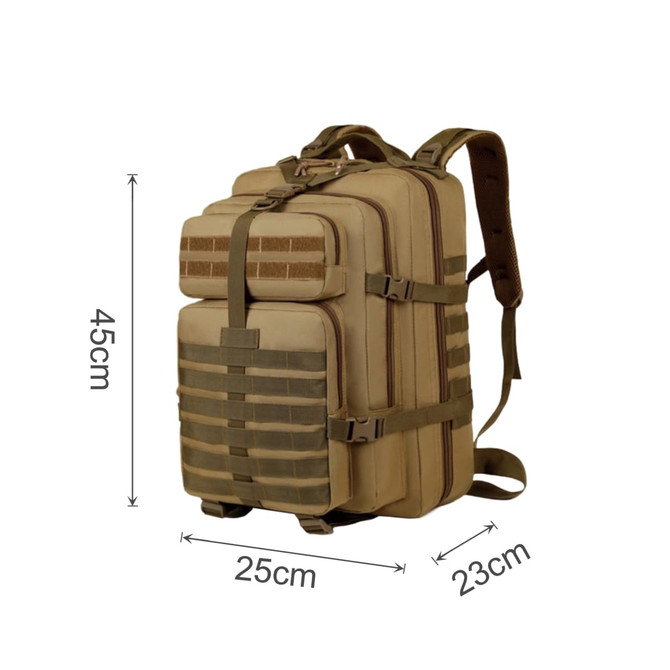 A tactical backpack in tan with multiple straps and compartments, measuring 45cm x 25cm x 23cm. Features a logo.