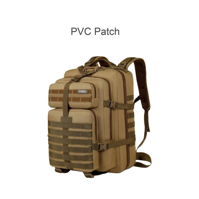 A tactical backpack in tan with multiple compartments, straps, and a patch area, featuring a textured front.