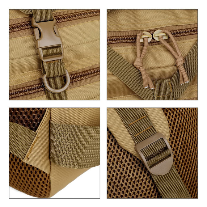A tactical backpack in tan colour features adjustable straps, zippers, and mesh detailing. It includes attachment points.