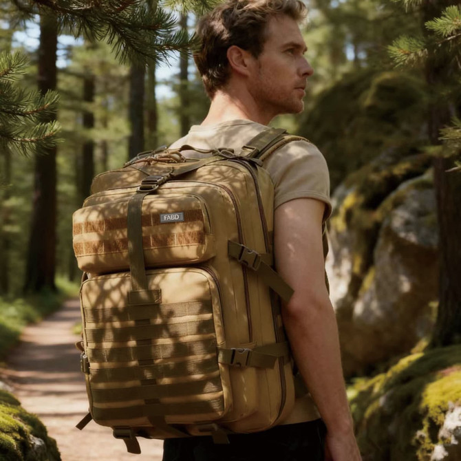 A tactical backpack in khaki worn by a man, surrounded by trees and natural greenery on a forest path.
