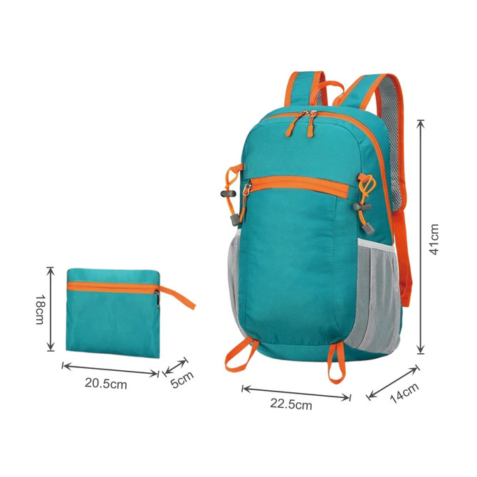A packable hiking backpack in teal and orange, with multiple compartments and a foldable design for easy storage.