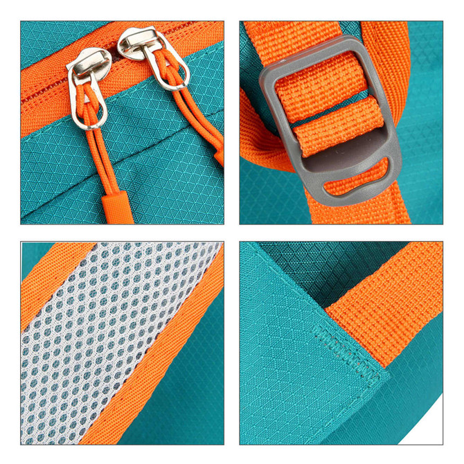 A packable hiking backpack in teal and orange features zippers, adjustable straps, and mesh details.