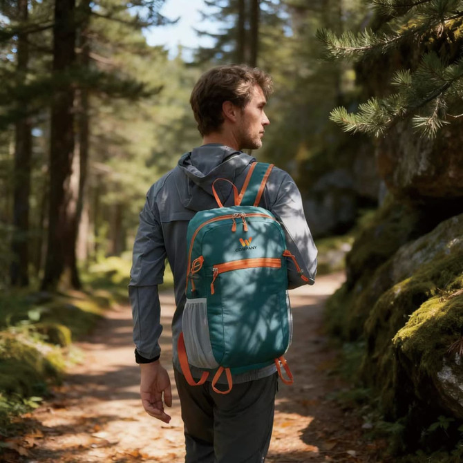 A packable hiking backpack in teal and orange, carried by a person on a forest trail.