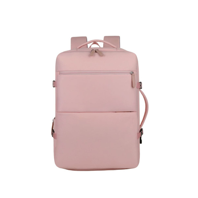A pink expandable travel backpack with multiple zippered compartments and adjustable straps. It features a logo on the front.