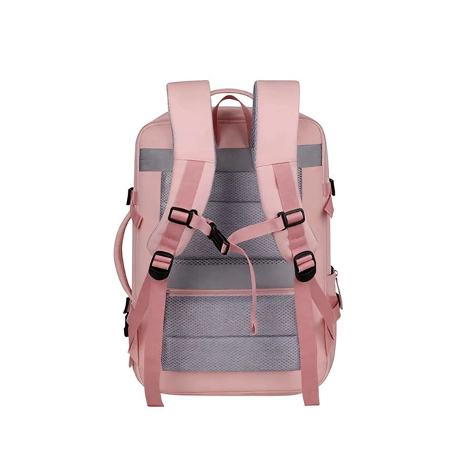 A pink expandable travel backpack with grey accents and adjustable straps, featuring breathable mesh design. It has a logo.