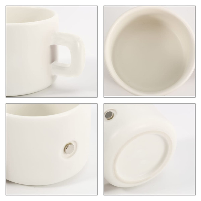 A white ceramic mug with a handle, featuring a magnetic base and a smooth interior. It has a logo on the bottom.