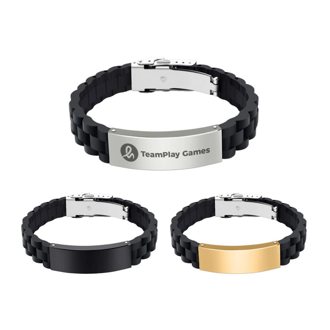 A folding lock clasp bracelet featuring a metal and silica design in black, gold, and silver with a logo.