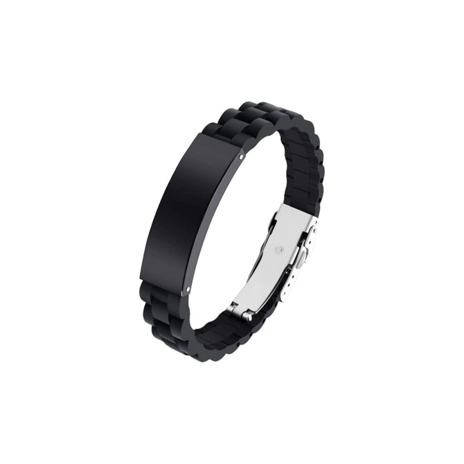 A black metal and silica bracelet with a folding lock clasp, featuring a sleek, modern design.