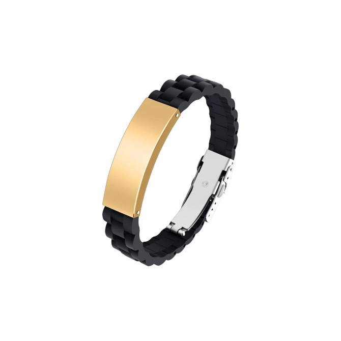 A black silicone bracelet with a gold metal clasp and a rectangular gold plate. Features a logo on the clasp.