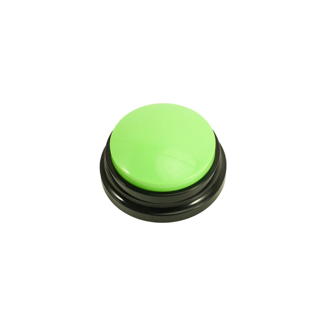 A green voice recording button with a glossy finish, set on a black base. It has a logo on the surface.