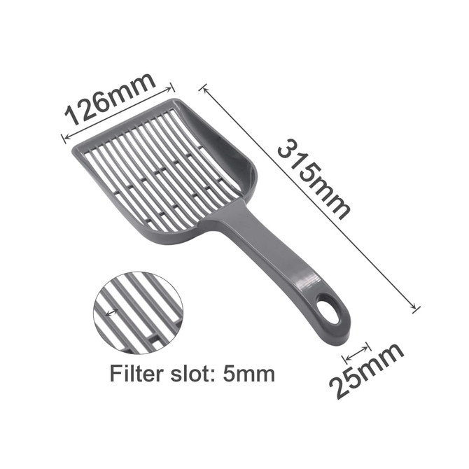 A large grey cat litter scoop with a slotted design for easy filtering, featuring measurements and a circular handle hole.