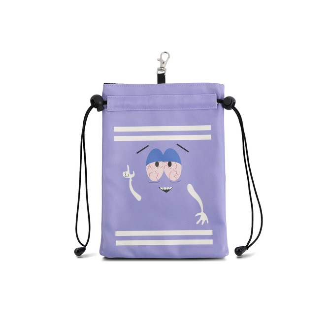 A purple pouch with a cartoon character design, featuring a clasp and drawstring closure for storage.