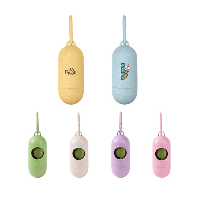 An eco-friendly pet wastebag dispenser is displayed in yellow, blue, green, and pink, featuring a logo on some.