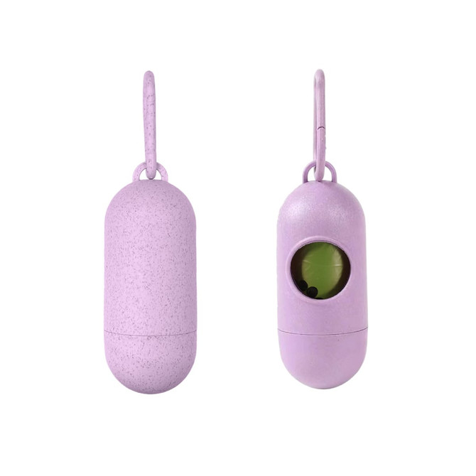 A purple eco-friendly pill-shaped pet waste bag dispenser with a hook attachment and an opening to access bags.