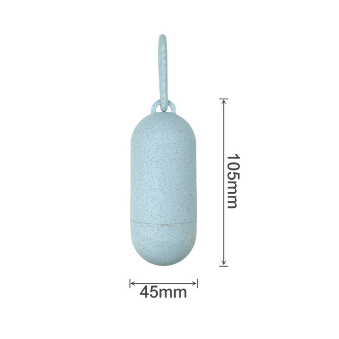 An eco-friendly, light blue pill-shaped pet waste bag dispenser with a hanging loop, measuring 105mm by 45mm.