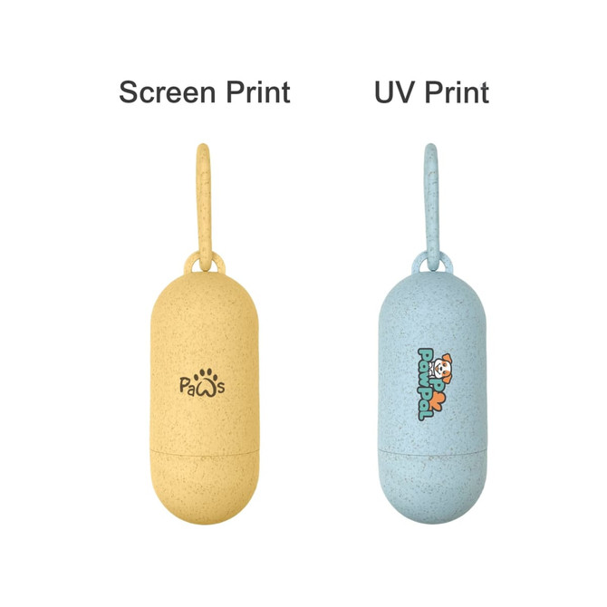 Eco Pill Shape Pet Wastebag Dispenser in yellow and light blue, featuring a branding logo on the blue version.