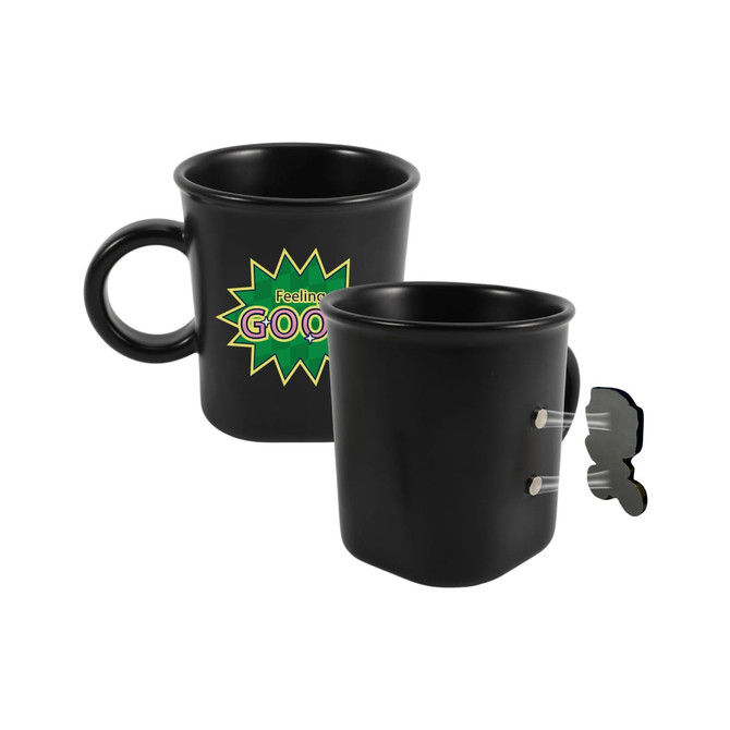 A black ceramic coffee mug with a handle and a logo, featuring a unique magnetic element.