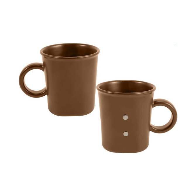 A brown ceramic coffee mug with a handle and two magnetic dots on the side, featuring a simple design.
