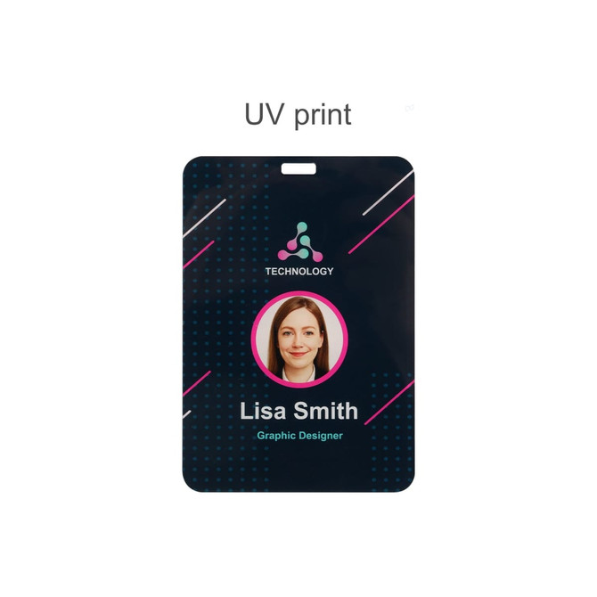 Acrylic name tag featuring a black background, a circular photo space, and a logo at the top.