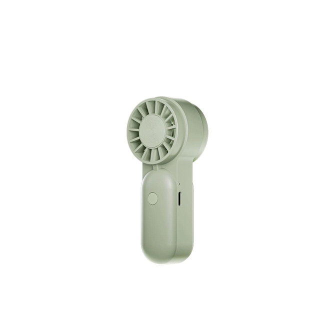 A mini portable handheld fan in a soft green colour, featuring a circular fan design and a control button.