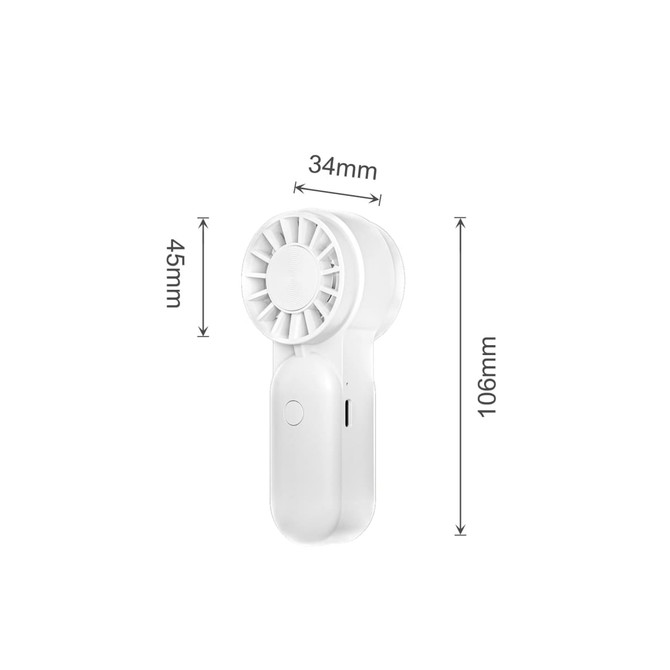 A white mini portable handheld fan with a circular vent and a button, measuring 106mm by 45mm.