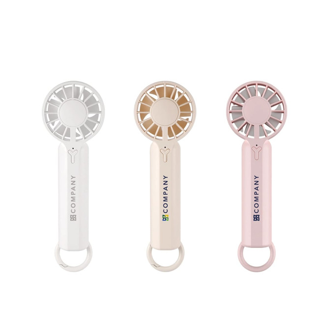 Three portable handheld fans in white, light pink, and beige, each featuring a logo on the handle.