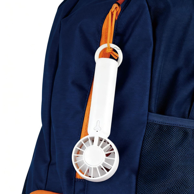 A white handheld fan attached to a navy backpack, featuring a circular design and a loop for convenience.
