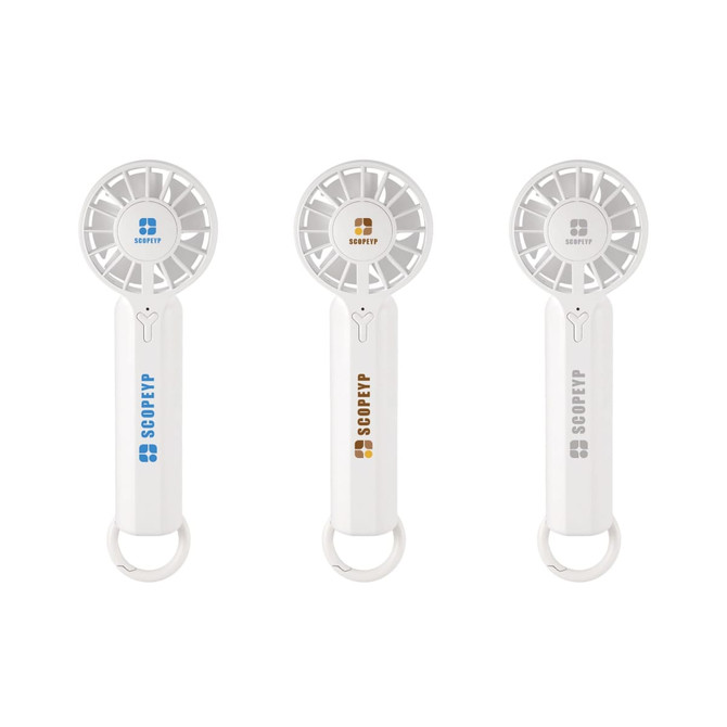 A portable handheld fan in white with three different coloured accents: blue, bronze, and orange. Features a branding logo.