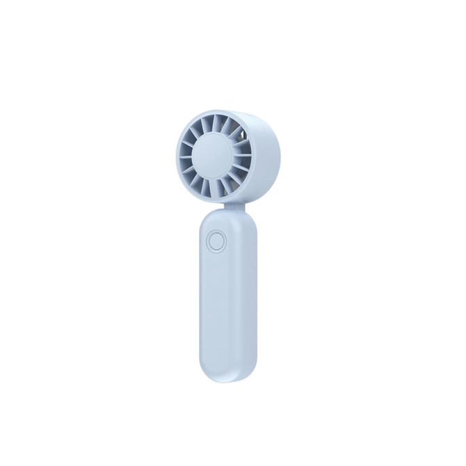 A foldable handheld fan in light blue with a circular fan head and a button on the handle. It features a logo.