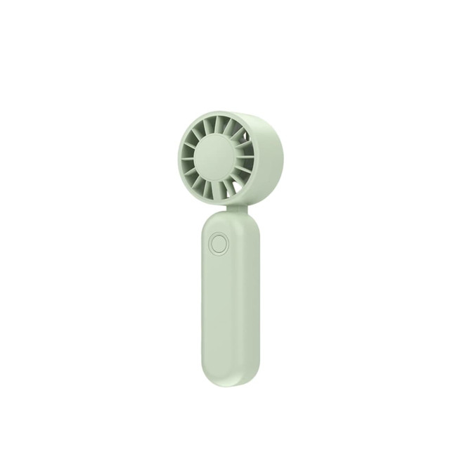 A foldable handheld fan in soft green, featuring a circular fan head and a sleek handle with a button.
