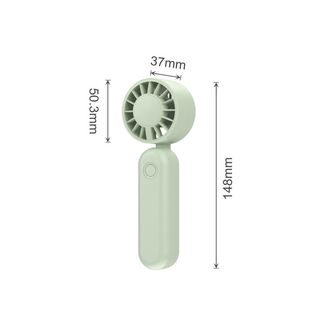A foldable handheld fan in light green, featuring a circular fan head and dimensions displayed alongside.