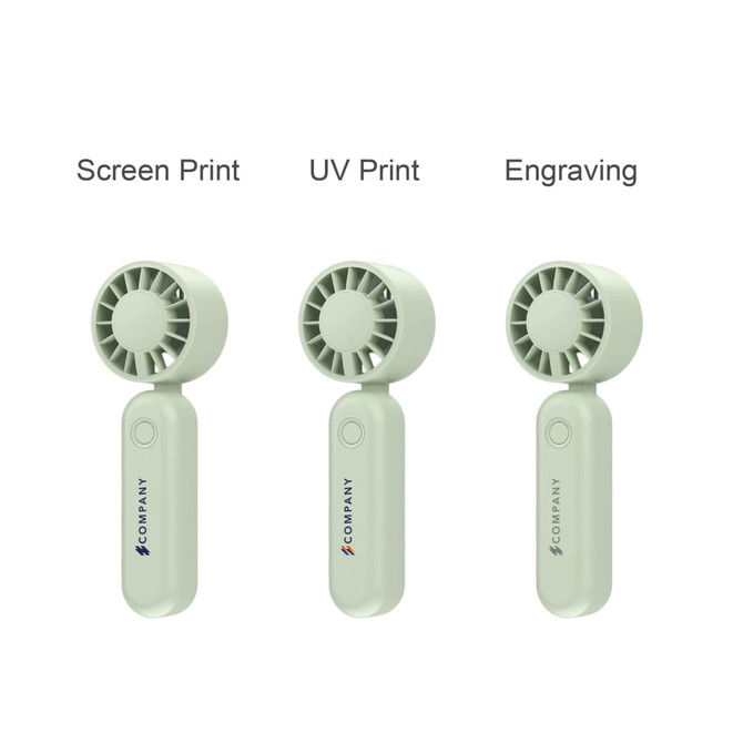 A foldable handheld fan in light green with three branding options: screen print, UV print, and engraving.