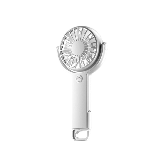 A white handheld fan with a 180° adjustable angle and a power button, featuring a circular grille design.