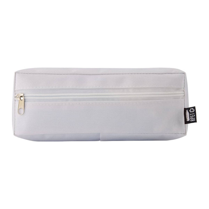 A white utility case with a zippered compartment and a small tag on the side.