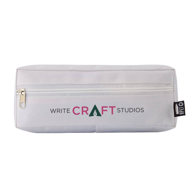A white pencil case with a zip closure and a logo featuring "Write Craft Studios" in colourful text.