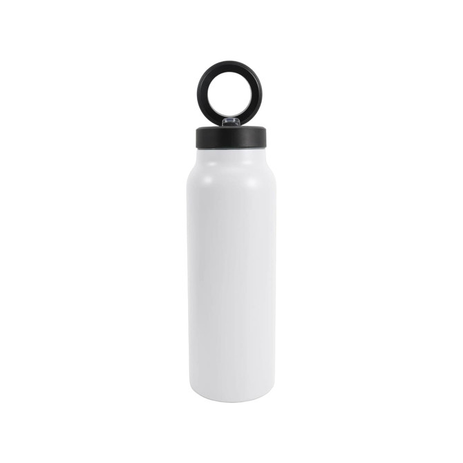 A drink bottle in white stainless steel with a black lid and a magnetic phone holder on top.