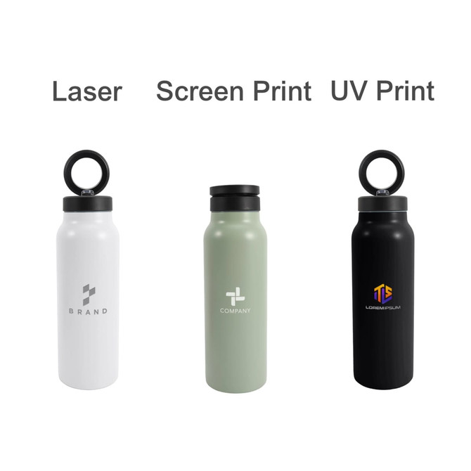 A drink bottle in white, green, and black, featuring a logo on each. Each bottle has a magnetic phone holder.