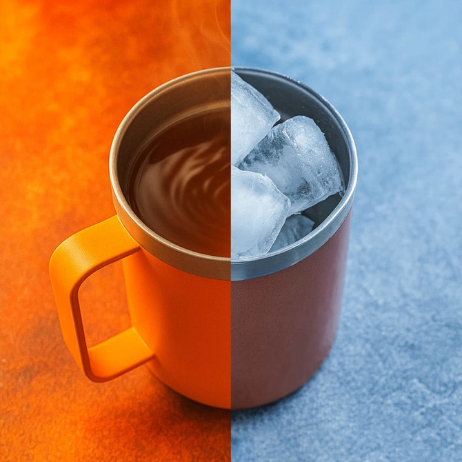 A stainless steel cup with a handle, featuring a vibrant orange and grey design, filled with hot liquid and ice.