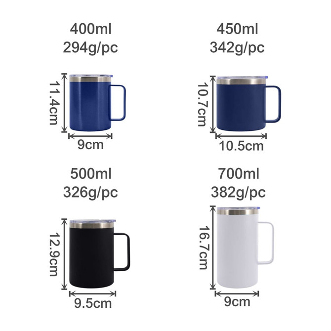 A stainless steel cup with handle available in navy, black, and white, displayed in various sizes and measurements.