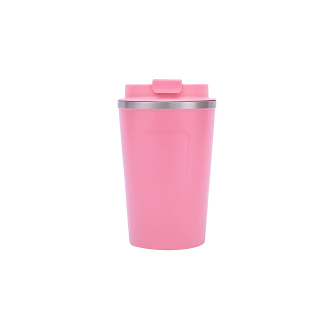 A stainless steel coffee mug in pink with a silver rim and a secure lid.