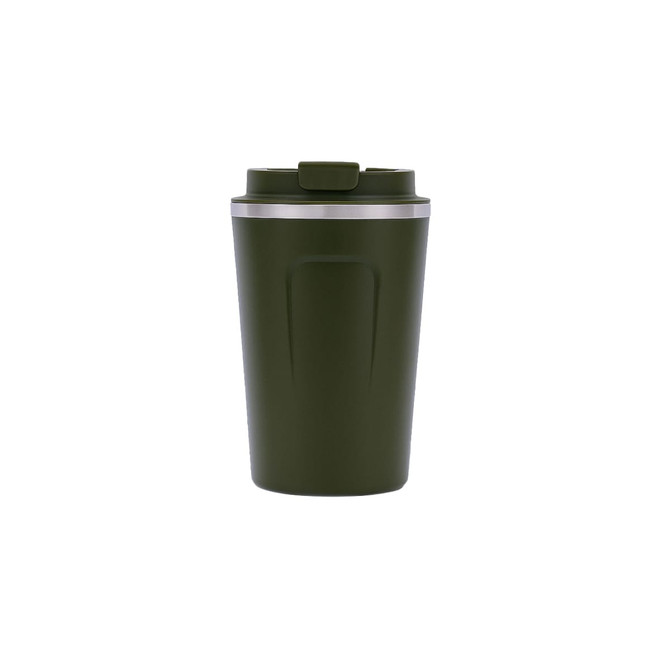 A stainless steel coffee mug in olive green with a silver band and a lid. It features a logo on the body.