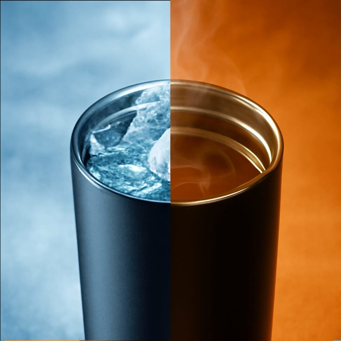 A drink bottle with a matte black finish, featuring ice on one side and steaming liquid on the other, with a handle.