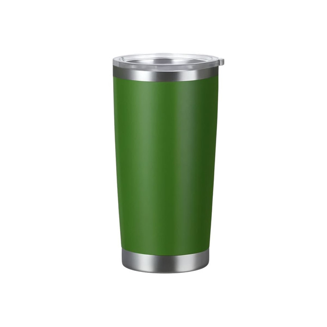 A drink bottle with a stainless steel double wall and a green exterior, featuring a clear lid and a metallic base.