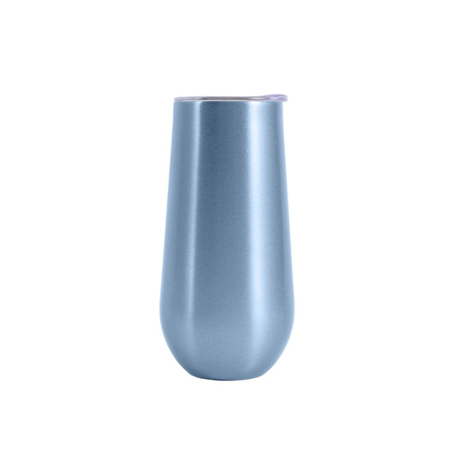 A vacuum champagne flute in a sleek blue finish, featuring a lid and a smooth, contoured design.