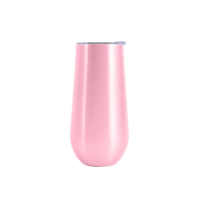 A drink bottle in a sleek, shiny pink finish with a silver lid, featuring branding.