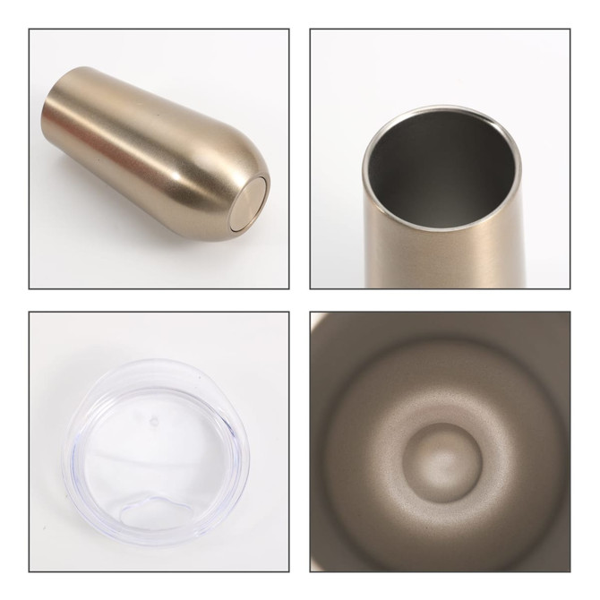 A vacuum champagne flute in a metallic gold colour, featuring a logo and a clear base.