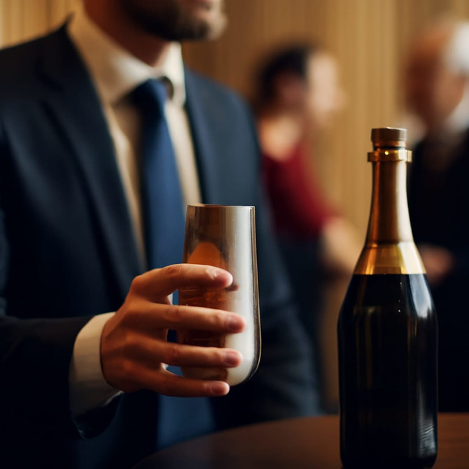 A drink bottle and a sleek silver 150ml vacuum champagne flute held by a person in a suit, set against a blurred social background.
